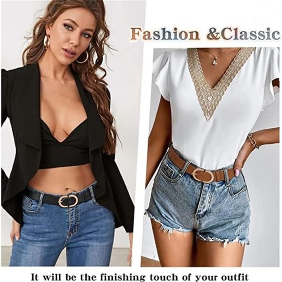 DWCVEKY Womens Belts for Jeans, CR Black Leather Belt Women, 1\